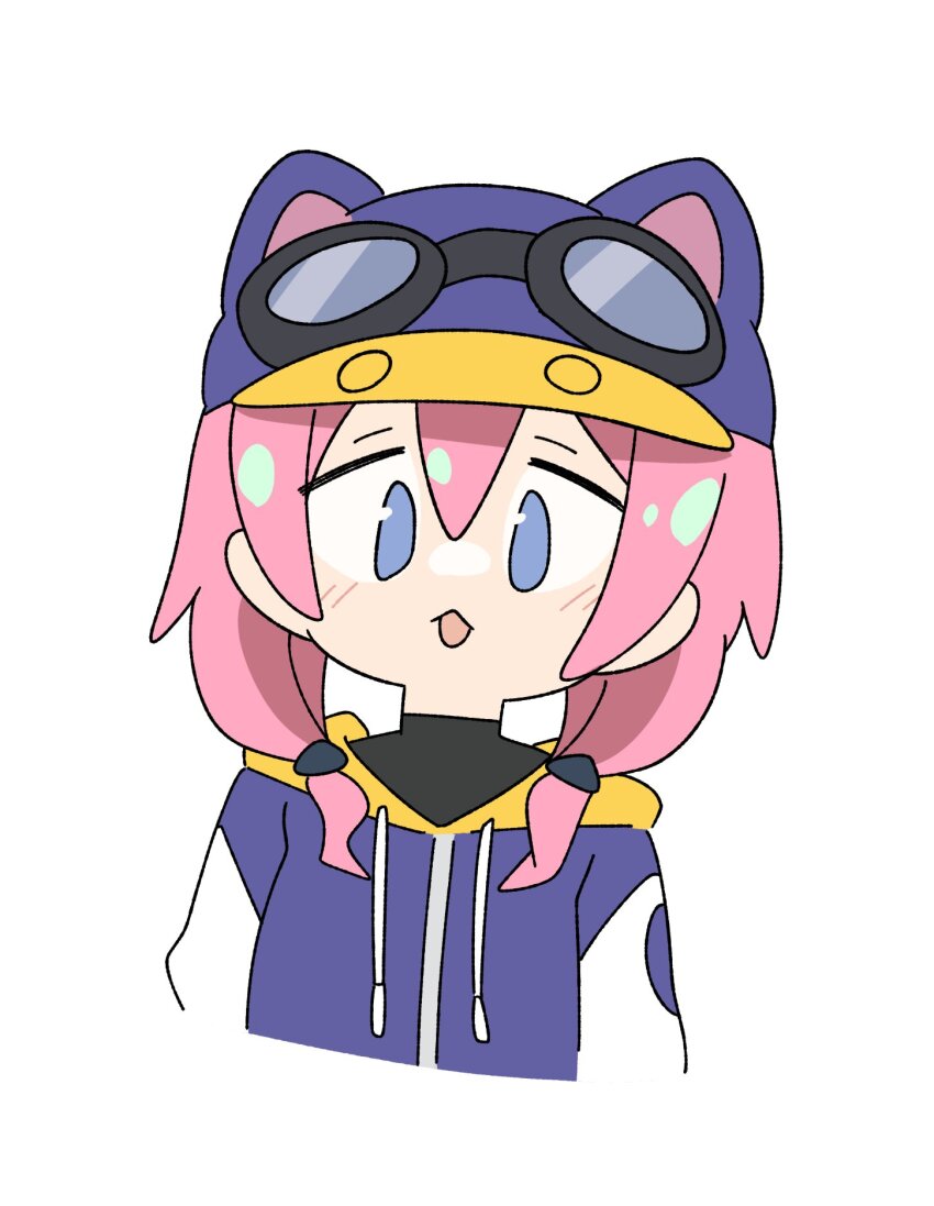1girl animal_hat baseball_cap blue_eyes cat_hat cropped_torso goggles goggles_on_headwear hat highres hood hood_down hooded_jacket jacket multicolored_jacket open_mouth pink_hair purple_hat purple_jacket round_eyewear simple_background solo steam_(platform) steam_delivery_girl twintails two-tone_jacket white_background white_jacket yayuyoyayuyo