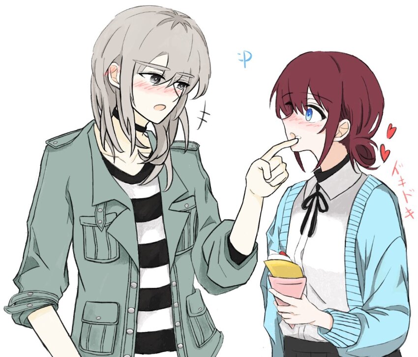 2girls :p black_choker black_ribbon black_skirt blue_cardigan blue_eyes blush brown_hair cardigan choker collarbone collared_shirt commentary crepe dress_shirt food girls_band_cry grey_eyes grey_hair grey_jacket hair_between_eyes holding holding_crepe holding_food iseri_nina jacket kawaragi_momoka long_hair long_sleeves low_twintails momokan_1209 multicolored_hair multiple_girls neck_ribbon open_cardigan open_clothes open_mouth pleated_skirt ribbon roots_(hair) shirt shirt_tucked_in short_hair short_twintails sidelocks simple_background skirt three-quarter_sleeves striped_clothes striped_shirt tongue tongue_out twintails white_background white_shirt wiping_face yuri