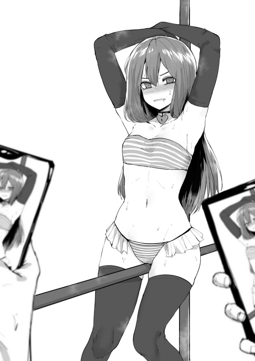 1girl armpits arms_up bandeau_bikini bare_shoulders between_legs bikini blurry blush breasts cellphone choker commentary commission constricted_pupils cowboy_shot depth_of_field elbow_gloves embarrassed english_commentary female_focus frilled_bikini frills gloves heart-shaped_lock heart_lock highres long_hair looking_at_viewer male_hand melissa_renata monochrome norman_maggot nose_blush original phone photographic_proof simple_background skindentation small_breasts smartphone solo standing strapless strapless_bikini striped_bikini striped_clothes sweat swimsuit thighhighs white_background