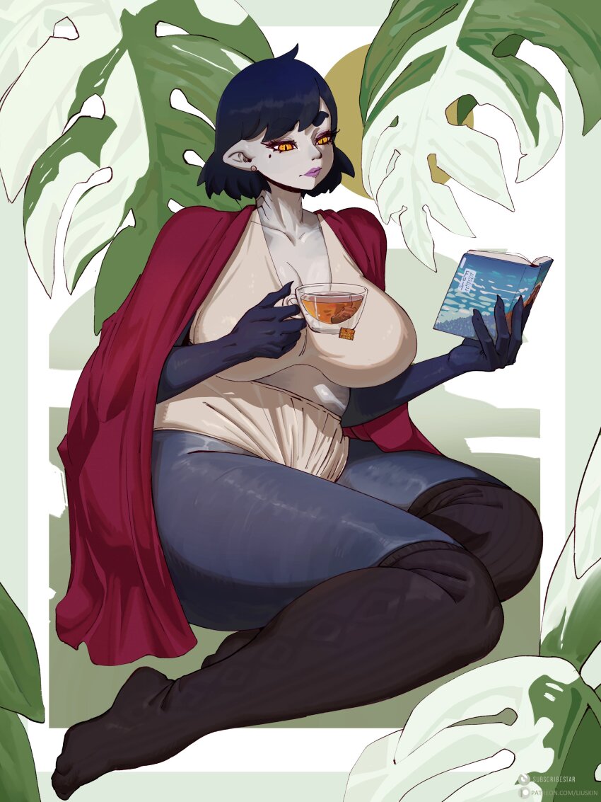 1girl absurdres artist_name black_thighhighs blue_hair book breasts cup drink highres holding holding_book holding_cup kisa_(liuskin) large_breasts liuskin orange_eyes original pale_skin patreon_logo patreon_username pointy_ears reading sitting slit_pupils solo subscribestar_logo subscribestar_username tea teacup thick_thighs thighhighs thighs