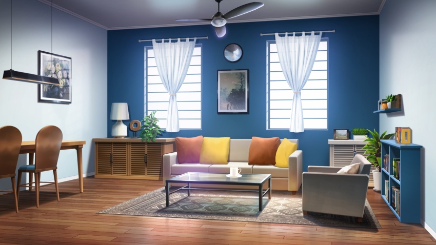 analog_clock bookshelf ceiling_fan ceiling_light chair clock couch cup curtains day desk_lamp glass_table highres indoors lamp living_room no_humans non-web_source official_art our_life:_beginnings_and_always photo_(object) pillow plant potted_plant rug scenery shelf table variant_set window wooden_chair wooden_floor wooden_table