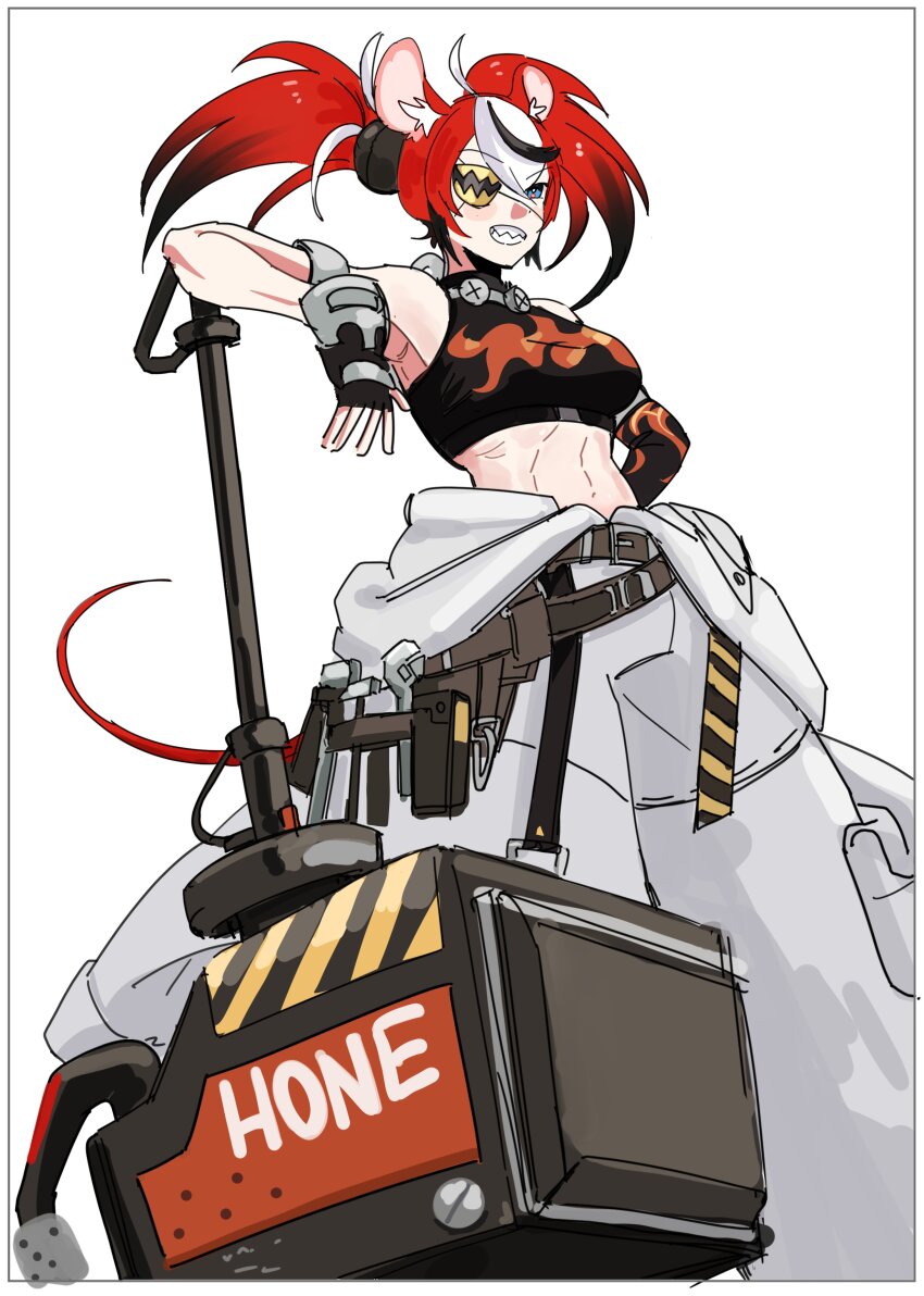 1girl absurdres animal_ears bare_shoulders black_hair blue_eyes cosplay crop_top eyepatch fingerless_gloves gloves hair_between_eyes hair_ornament hakos_baelz highres hololive hololive_english koleda_belobog koleda_belobog_(cosplay) midriff mouse_ears mouse_girl mouse_tail multicolored_hair navel red_hair sleeveless streaked_hair tail twintails virtual_youtuber weapon white_background white_hair yorobisan zenless_zone_zero