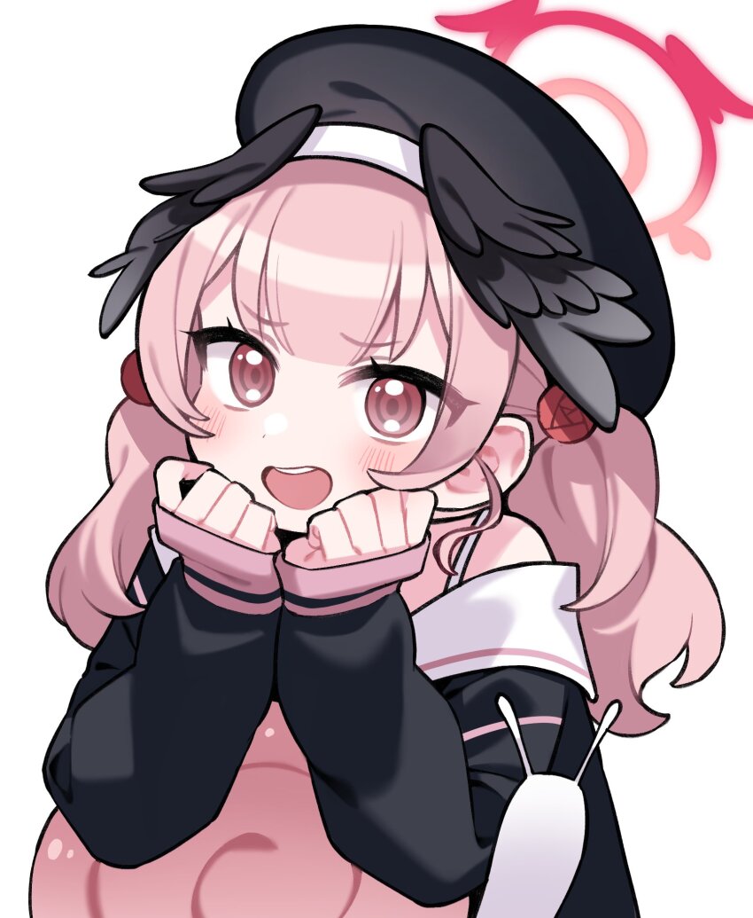 1girl beret black_hat blue_archive dot_nose flower hair_flower hair_ornament halo hat highres koharu_(blue_archive) kurihara_sakura leaning_on_animal looking_at_viewer open_mouth pink_eyes pink_halo red_flower red_rose rope rose sailor_collar school_uniform simple_background sleeves_past_wrists snail solo teeth twintails upper_body upper_teeth_only white_background white_sailor_collar