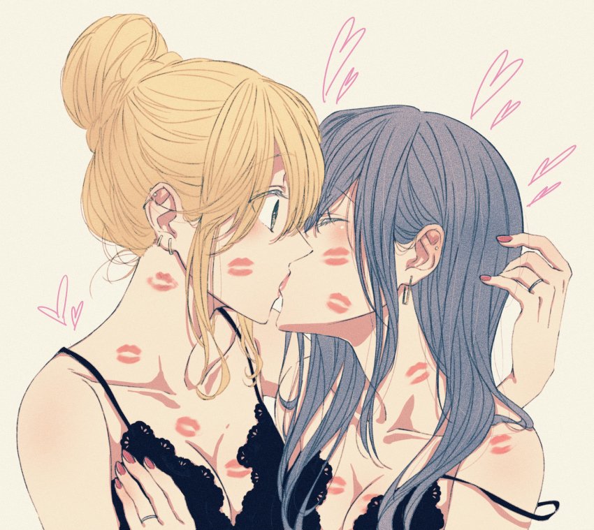 2girls aihara_mei aihara_yuzu black_bra black_hair blonde_hair blush bra citrus_(saburouta) closed_eyes commentary ear_blush ear_piercing earrings glidesloe heart highres inseki jewelry kiss lipstick_mark lipstick_mark_on_breast lipstick_mark_on_face lipstick_mark_on_neck lipstick_mark_on_shoulder long_hair multiple_girls nail_polish piercing red_nails siblings sisters step-siblings symbol-only_commentary underwear yuri
