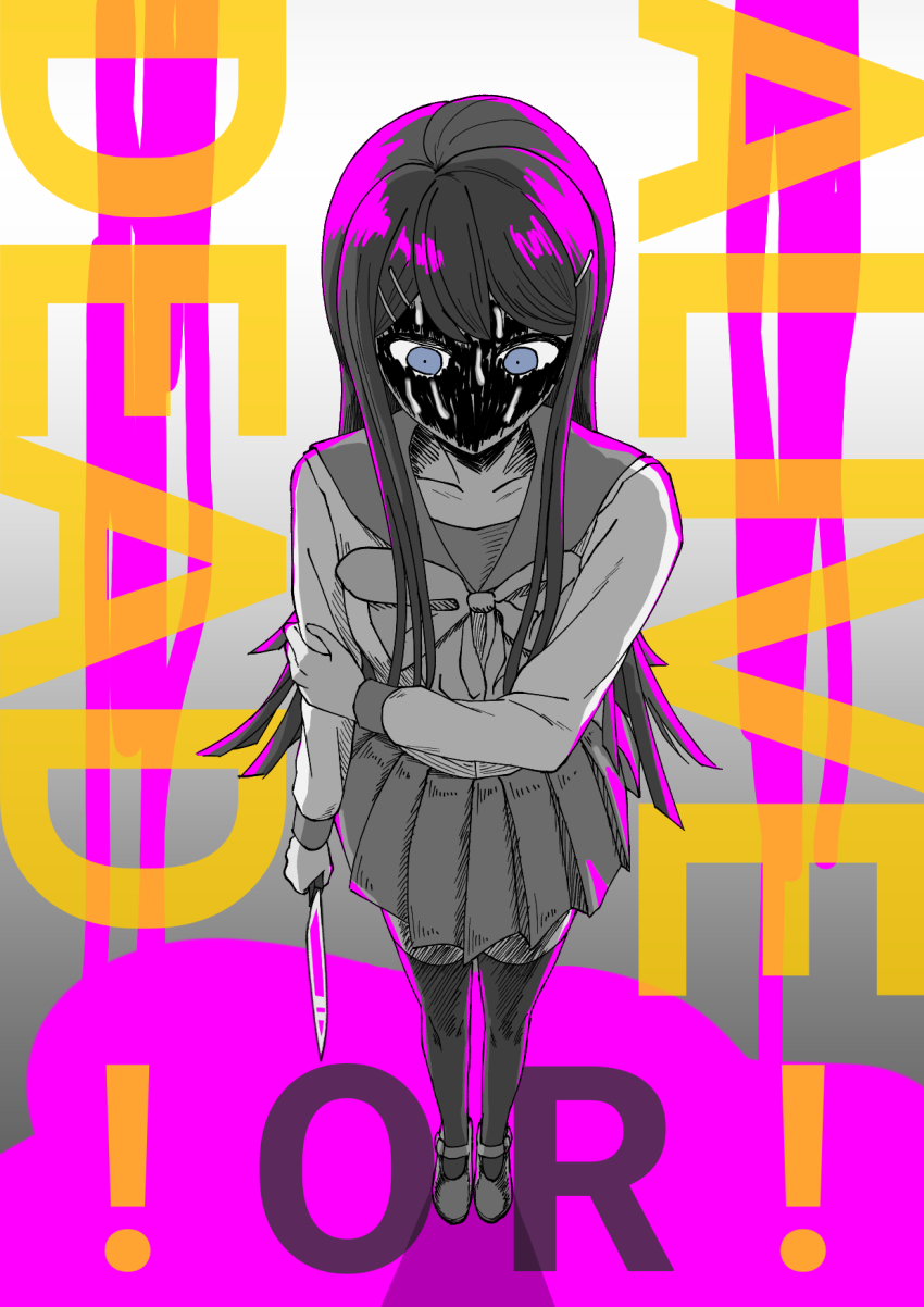 1girl blood collarbone commentary_request danganronpa:_trigger_happy_havoc danganronpa_(series) english_text full_body hair_ornament hairclip hand_up highres holding holding_knife knife limited_palette long_hair long_sleeves looking_at_viewer maizono_sayaka neckerchief pink_eyes pleated_skirt sailor_collar school_uniform serafuku shoes skirt solo standing thighhighs unowen weapon yukimi_dango_(usagisan6591)