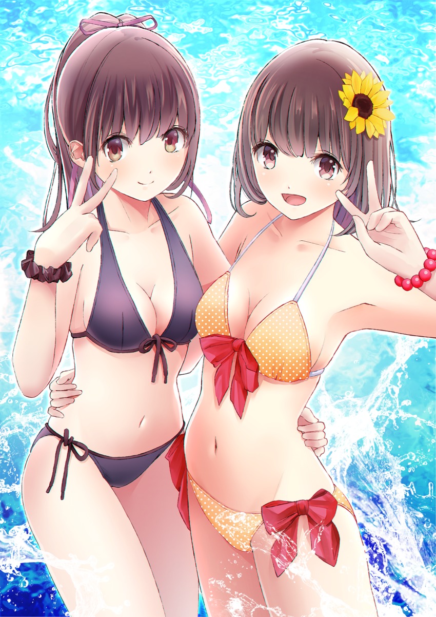 2girls bad_id bad_pixiv_id bikini bracelet breasts brown_hair chikuwa_(glossymmmk) chikuwa_(odennabe) cleavage flower front-tie_top hair_flower hair_ornament halterneck highres jewelry long_hair looking_at_viewer md5_mismatch medium_breasts multiple_girls navel open_mouth original ponytail short_hair side-tie_bikini_bottom skindentation smile summer swimsuit v