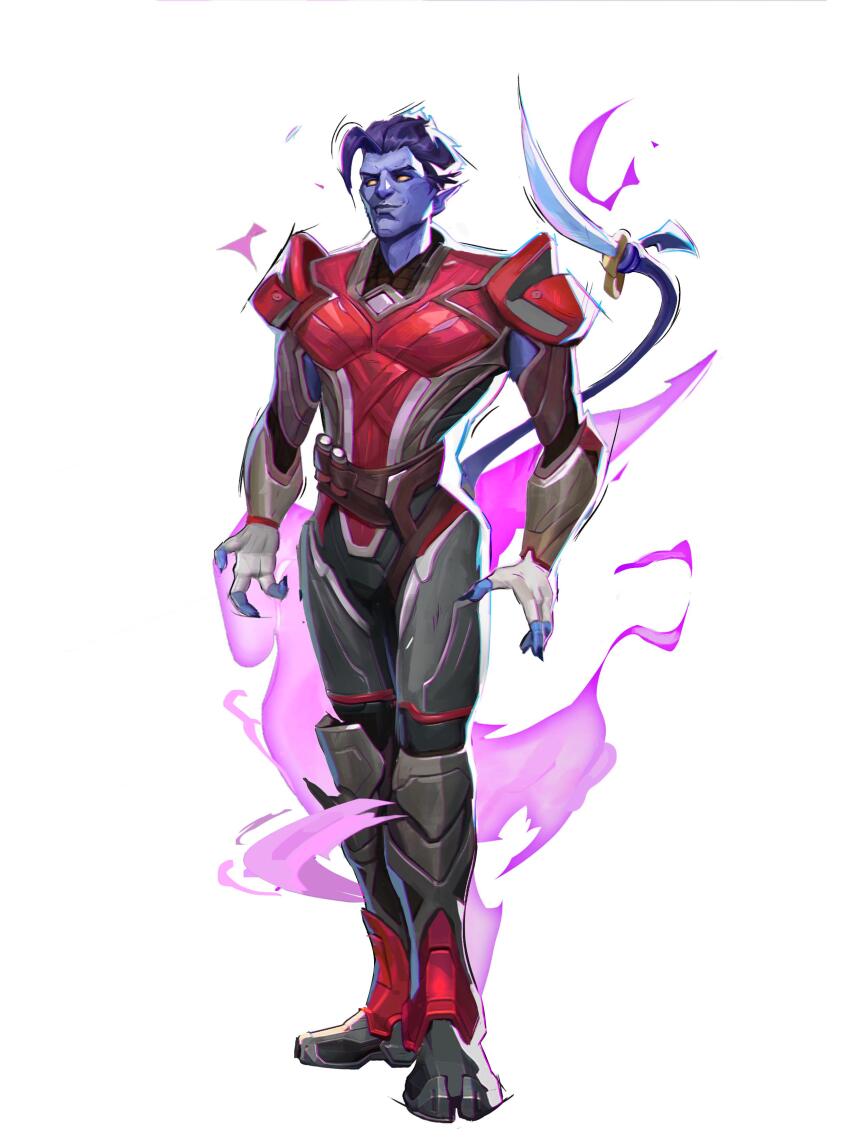 1boy absurdres armor blue_hair blue_skin colored_skin cutlass david_herzen demon_boy demon_tail full_body highres holding holding_with_tail marvel marvel_rivals nightcrawler pointy_ears prehensile_tail short_hair simple_background solid_eyes solo tail white_background x-men yellow_eyes