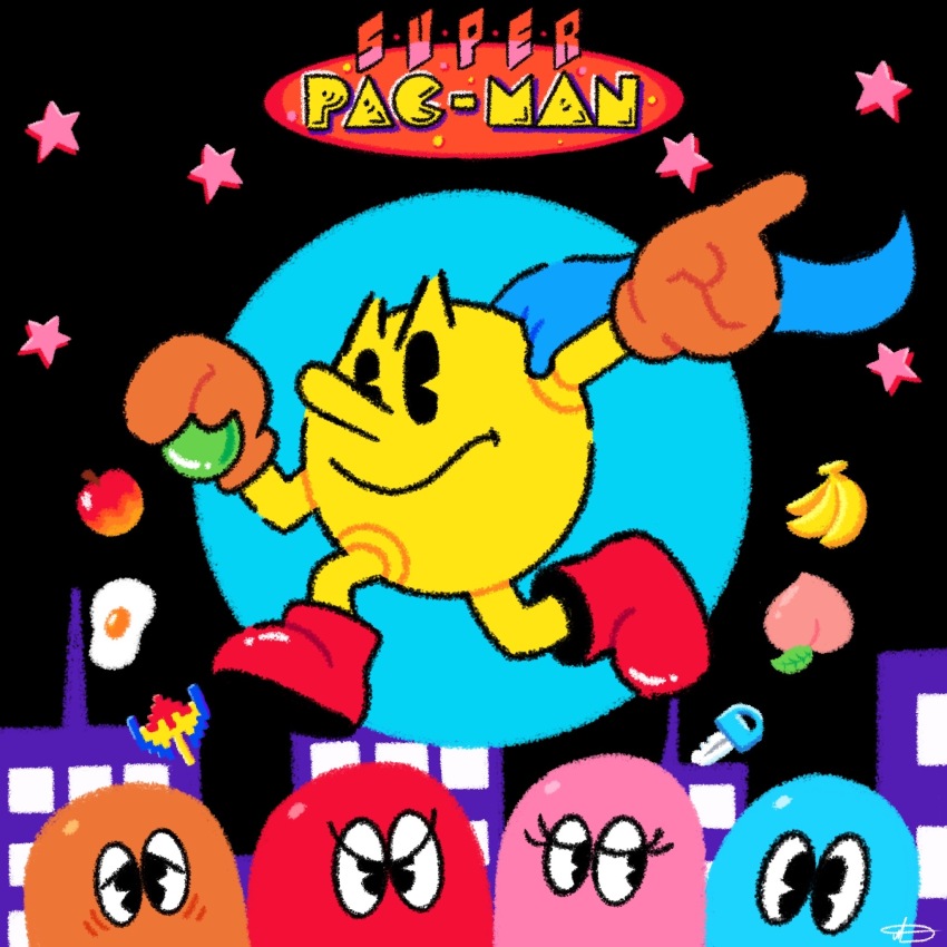 1girl 4boys apple banana black_background blinky boots city clyde_(pac-man) copyright_name egg eyelashes food fruit full_body ghost gloves half-closed_eyes hand_on_another&#039;s_shoulder highres inky_(pac-man) jradical2014 multiple_boys namco orange_gloves pac-man pac-man_(game) peach pinky_(pacman) red_footwear running star_(symbol) v-shaped_eyes wavy_mouth wrinkled_skin