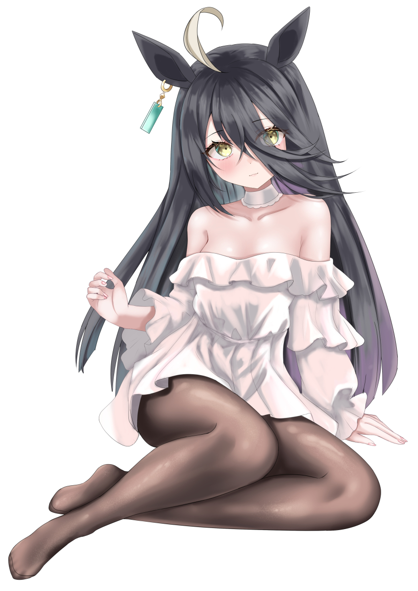 1girl absurdres ahoge animal_ears bare_shoulders black_hair black_pantyhose blush choker closed_mouth dress eyes_visible_through_hair hair_over_one_eye highres horse_ears horse_girl long_hair looking_at_viewer manhattan_cafe_(umamusume) no_shoes off-shoulder_dress off_shoulder pantyhose sidelocks solo tsuyusora umamusume white_choker white_dress yellow_eyes