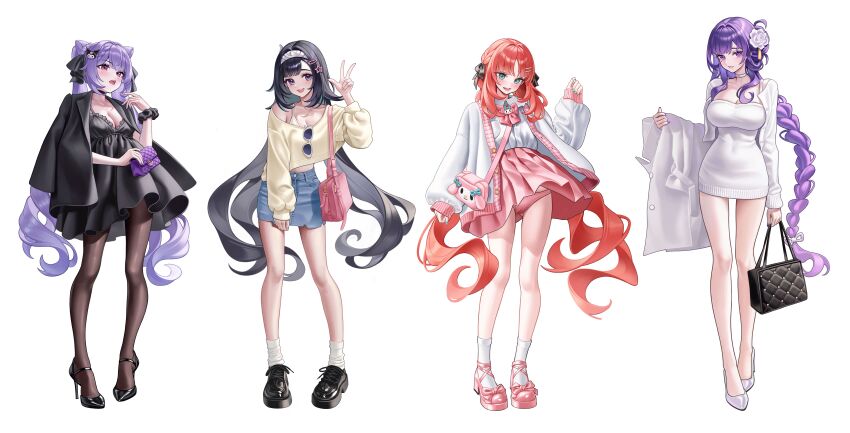 4girls absurdres alternate_costume aqua_eyes bag black_bag black_dress black_hair black_jacket black_scrunchie black_shoes blue_skirt bow bowtie bra bracelet breasts brown_pantyhose casual character_hair_ornament choker cleavage coat collared_shirt cone_hair_bun covered_navel denim denim_skirt dress fashion floating_hair flower full_body genshin_impact gluteal_fold hair_bun hair_flower hair_ornament hairband hairclip hand_up handbag high_heels highres holding holding_bag holding_coat holding_unworn_clothes incredibly_absurdres jacket jacket_on_shoulders jewelry keqing_(genshin_impact) kuromi lan_yan_(genshin_impact) long_hair long_sleeves looking_at_viewer looking_to_the_side low_twintails multiple_girls my_melody myless nilou_(genshin_impact) onegai_my_melody open_clothes open_jacket open_mouth panties pantyhose parted_lips pink_bag pink_bow pink_bowtie pink_eyes pink_panties pink_shoes pink_skirt purple_bag purple_eyes purple_hair raiden_shogun red_hair sanrio scrunchie shirt shirt_tucked_in shoes shoulder_bag simple_background skirt smile socks standing sunglasses teeth twintails underwear unworn_coat unworn_eyewear upper_teeth_only very_long_hair white_background white_choker white_flower white_hairband white_jacket white_shirt white_shoes white_socks wrist_scrunchie yellow_shirt