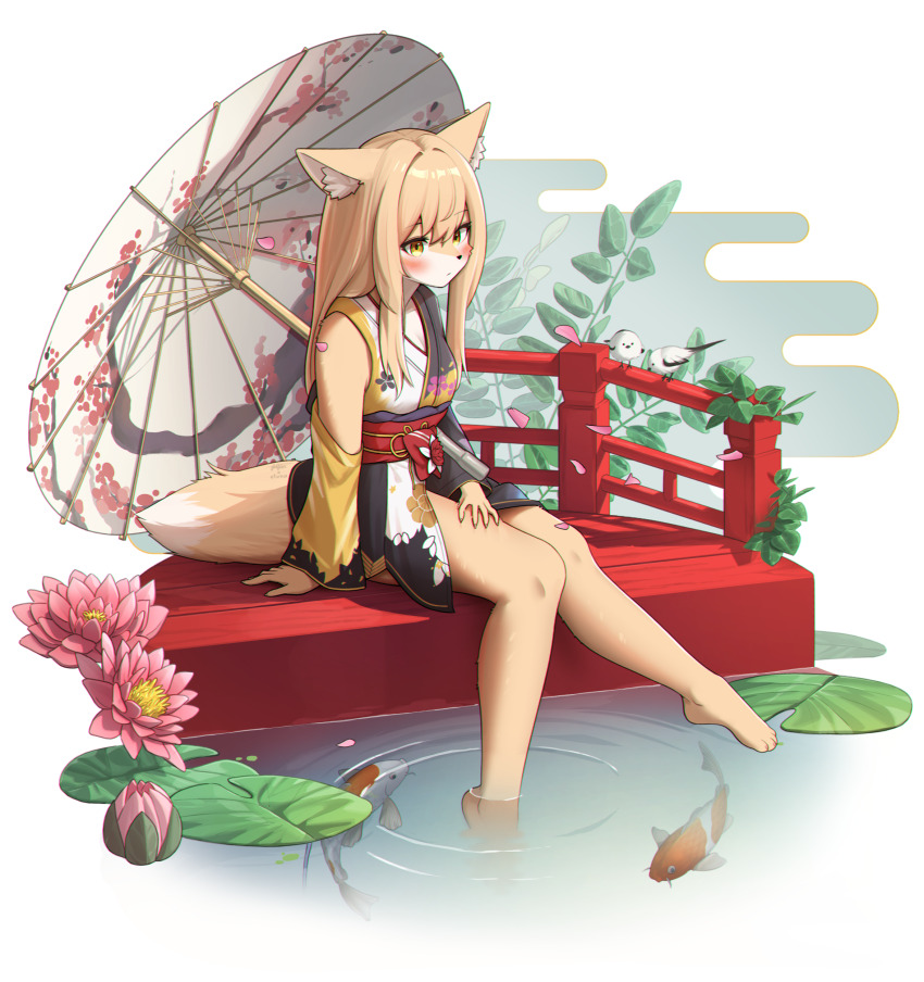 1girl absurdres animal_ear_fluff animal_ears animal_nose barefoot blonde_hair body_fur closed_mouth flower fox_ears fox_girl fox_tail furry furry_female highres japanese_clothes jeifier_(character) jeifier_(korfiorano01) koi leaf long_hair looking_at_viewer original outdoors plant snout solo tail two-tone_fur white_fur yellow_eyes yellow_fur