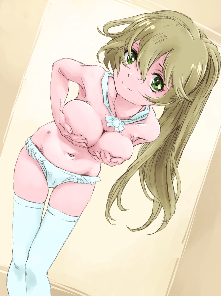 1girl blonde_hair breasts covering_breasts covering_privates green_eyes highres looking_at_viewer mahou_shoujo_madoka_magica mahou_shoujo_oriko_magica marutaya mikuni_oriko panties solo thighhighs topless_female underwear white_panties white_thighhighs