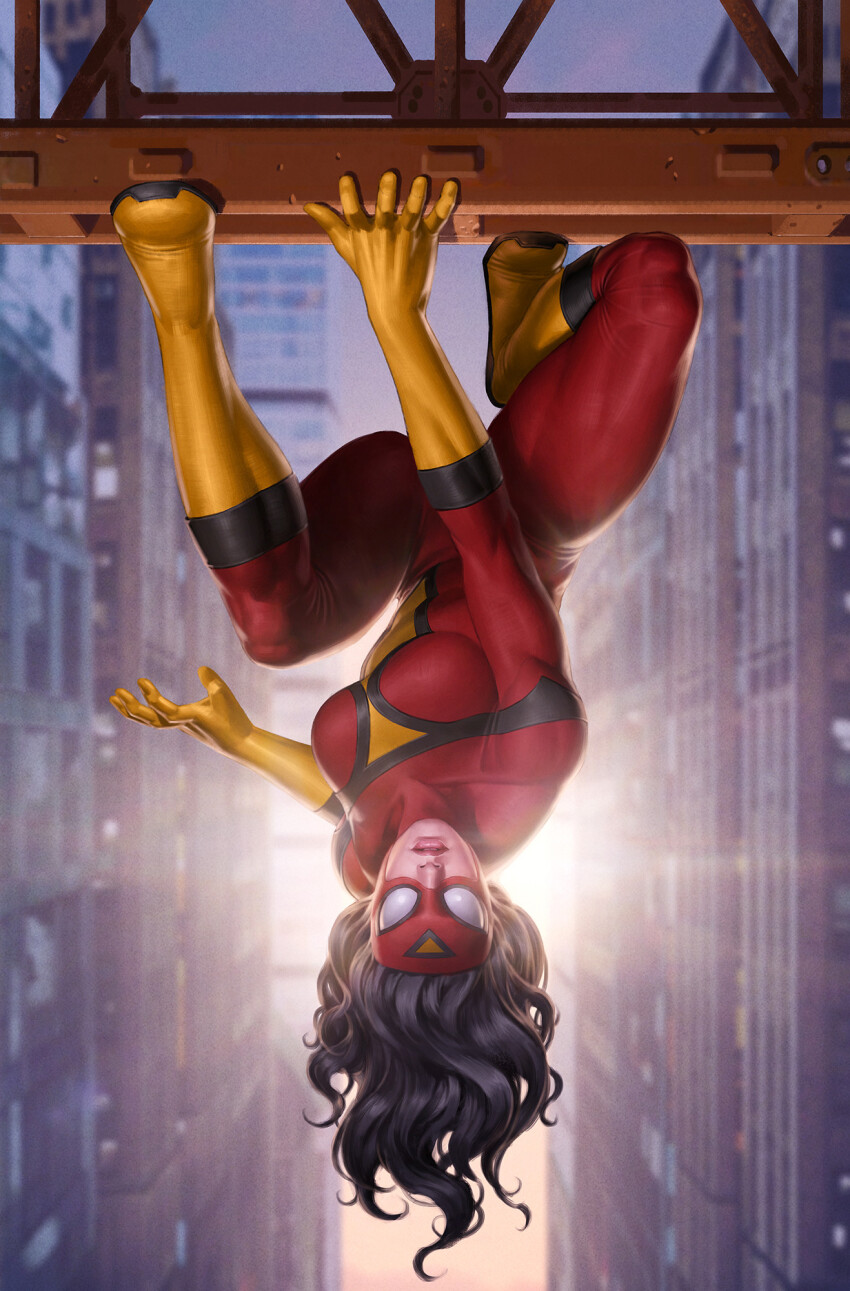1girl black_hair bodysuit boots breasts building city day elbow_gloves gloves highres jessica_drew knee_boots long_hair looking_at_viewer marvel medium_breasts outdoors red_bodysuit red_mask skyscraper solo spider-man_(series) spider-woman upside-down yellow_boots yellow_gloves yoon_junggeun