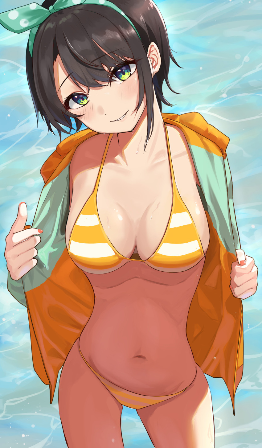 1girl absurdres bikini bow breasts brown_hair cleavage green_bow green_eyes green_jacket grin hair_bow head_tilt highres hololive jacket medium_breasts midriff nayuyu1105 oozora_subaru oozora_subaru_(hololive_summer_2019) open_clothes open_jacket orange_jacket short_hair smile solo stomach striped_bikini striped_clothes swimsuit undefined virtual_youtuber yellow_bikini