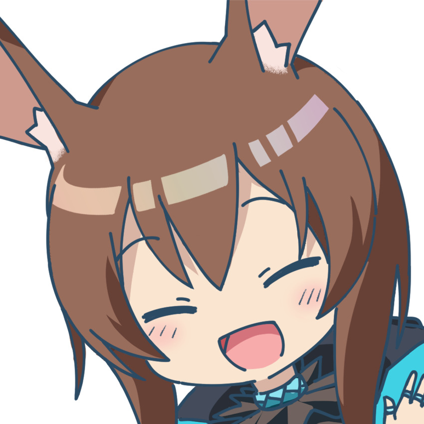 1girl :d amiya_(arknights) arknights ayaya~ blush brown_hair closed_eyes commentary_request facing_viewer highres jewelry kin-iro_mosaic kujou_karen neupo_(nepouepo) open_mouth parody portrait pose_imitation ring short_hair simple_background smile solo split_mouth white_background