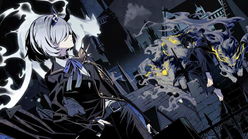1boy 1girl alchemy_stars animal animal_on_shoulder bandages belt black_hair black_pants briefcase building cat choker collared_shirt commentary_request eye_trail formal_clothes glowing glowing_eyes hair_over_eyes hair_over_one_eye hand_in_pocket highres horns hydrad_(alchemy_stars) jane_(alchemy_stars) jewelry light_trail long_sleeves neck_ribbon necklace no_shoes pants ribbon rooftop shirt short_hair sitting suit white_hair wolf yamanasi_mikage