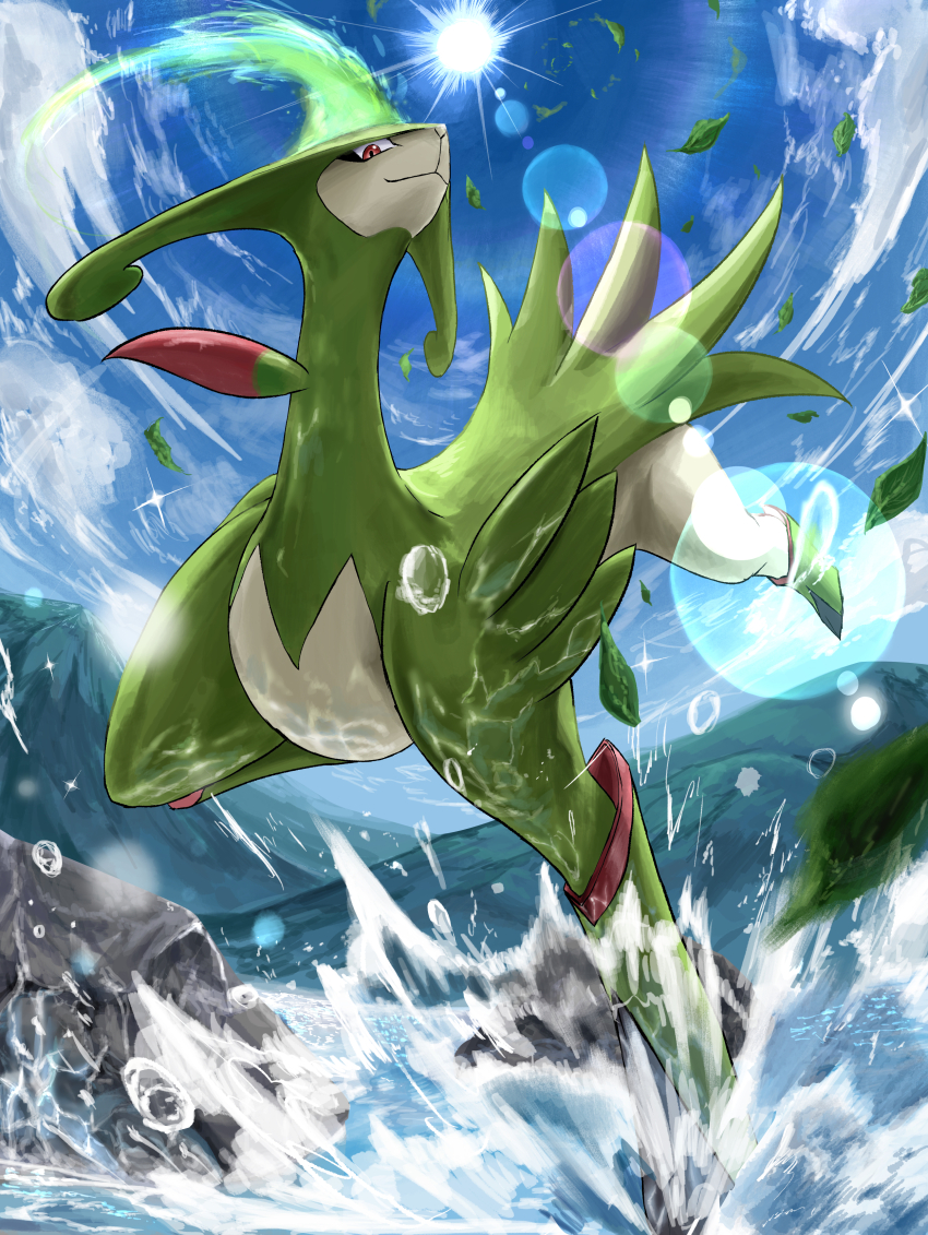 :3 absurdres animal_focus blue_sky caustics closed_mouth cloud day ekaki_panda falling_leaves fisheye full_body gen_5_pokemon glowing glowing_sword glowing_weapon highres jumping leaf legendary_pokemon lens_flare looking_at_viewer nintendo no_humans outdoors pokemon pokemon_(creature) red_eyes rock sacred_sword_(pokemon) sky solo splashing sun sunlight virizion water weapon