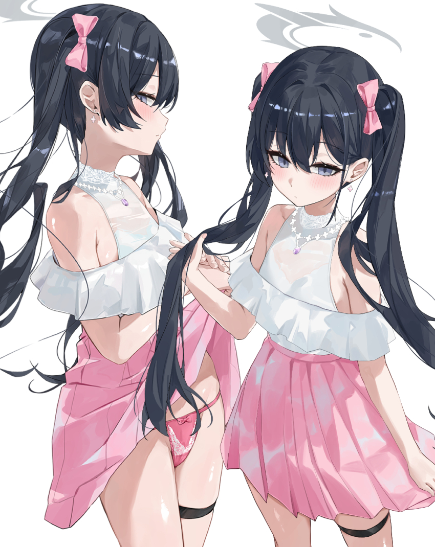 1girl bare_shoulders black_hair blue_archive blush bow breasts dema_hmw double_bun earrings grey_eyes hair_bow hair_bun halo highres jewelry kisaki_(blue_archive) long_hair looking_at_viewer multiple_views necklace panties pink_panties pink_skirt shirt skirt small_breasts thighs twintails underwear white_shirt
