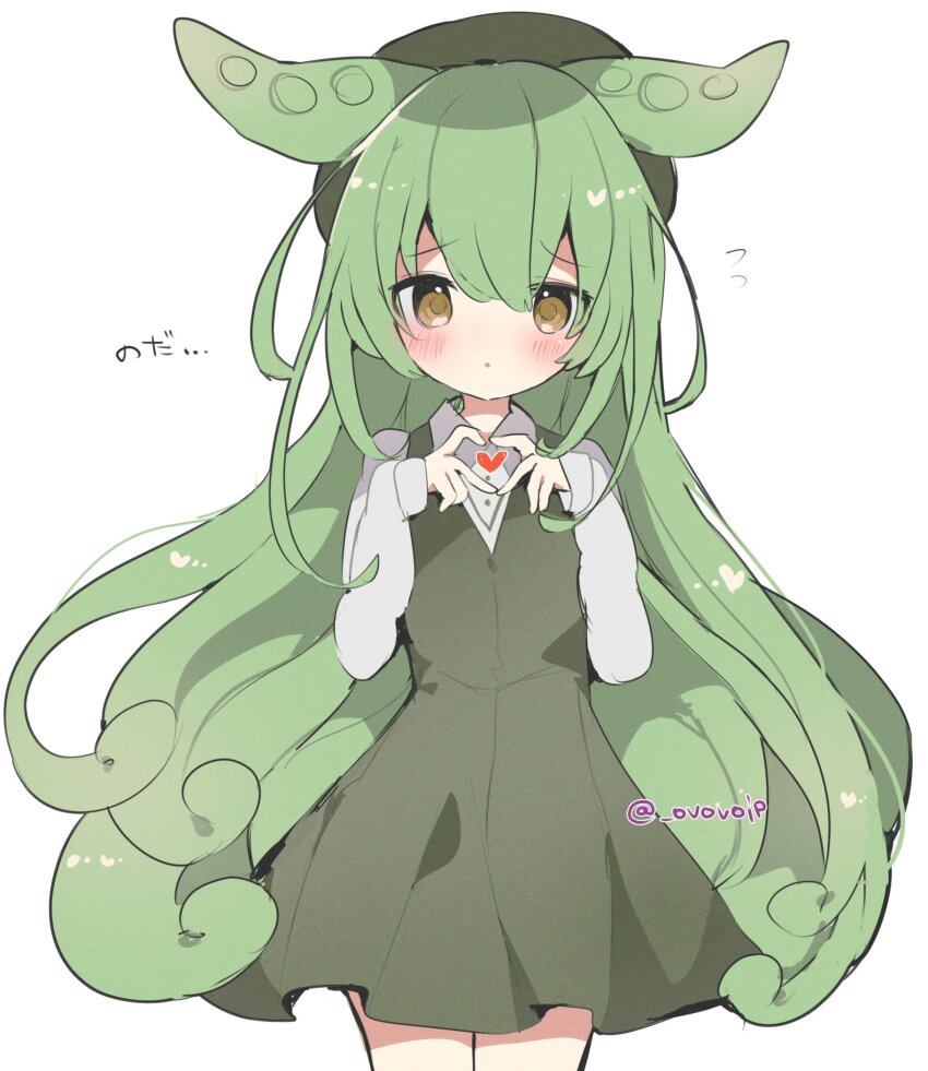 1girl :o animal_ears blush brown_eyes collared_shirt commentary_request cowboy_shot dress flat_chest green_dress green_hair green_hat grey_shirt hair_between_eyes hands_up hat heart heart_hands heart_in_heart_hands highres long_hair long_sleeves looking_at_viewer ojou-sama_zundamon ovoip parted_lips raised_eyebrows shirt shirt_under_dress simple_background sleeves_past_wrists solo standing straight-on translation_request twitter_username very_long_hair voicevox white_background wing_collar zundamon