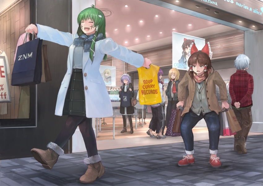 1boy 5girls benikurage_(cookie) black_legwear blonde_hair blush bow braid breasts brown_eyes character_name closed_mouth commentary_request contemporary cookie_(touhou) denim closed_eyes facing_away frog_hair_ornament glasses green_hair grey_hair hair_bow hair_ornament hair_tubes hakurei_reimu ichiba_youichi izayoi_sakuya jeans kirisame_marisa kochiya_sanae large_breasts long_hair looking_at_another maid_headdress mars_(cookie) medium_breasts morichika_rinnosuke multiple_girls open_mouth pants pantyhose paseri_(cookie) patchouli_knowledge purple_hair red_bow ryuuga_(cookie) shop short_hair smile sponge_(cookie) standing sweat taisa_(cookie) touhou twin_braids uzuki_(cookie) white_hair