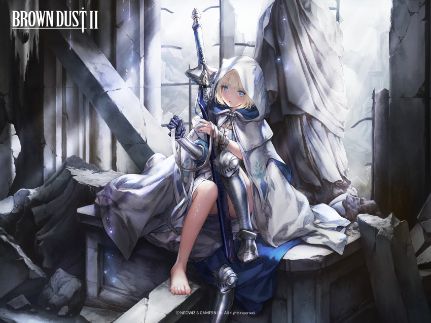 1girl barefoot blonde_hair blue_eyes boots brown_dust_(series) brown_dust_2 cloak feet highres justia_(brown_dust) light_blush looking_at_viewer medium_hair official_art official_wallpaper right_shoe_removed shoes sword toes unworn_boots unworn_shoes weapon