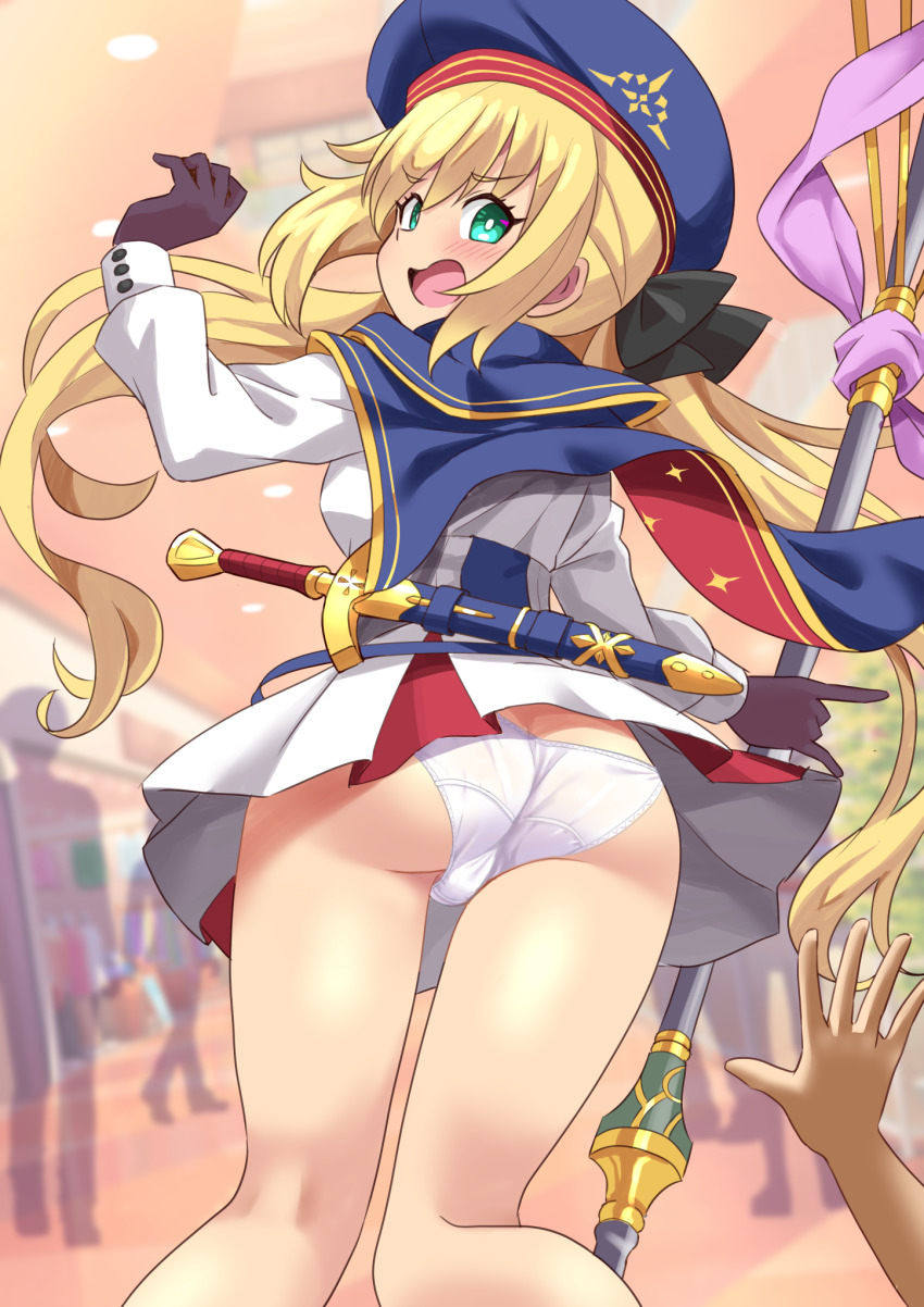 1boy 1girl artoria_caster_(fate) artoria_caster_(second_ascension)_(fate) artoria_pendragon_(fate) ass bare_legs blue_capelet blue_hat blush bright_pupils butt_crack capelet clothes_lift crotch_seam dress dress_lift fate/grand_order fate_(series) flustered from_behind gloves green_eyes hat highres holding holding_staff long_hair long_sleeves looking_back open_mouth panties pleated_dress pov pov_hands shimouki_izui skirt skirt_flip staff staff_of_selection_(fate) sword trefoil underwear w_arms weapon white_dress white_panties white_pupils