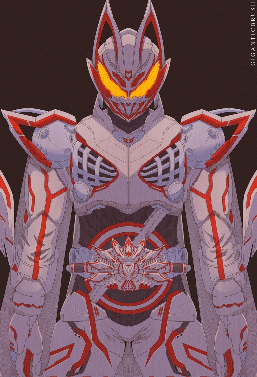 1boy adapted_costume armor boost_mark_ix_buckle brown_background cape commentary core_id_(geats) desire_driver rider_belt fox_mask giganticbrush highres kamen_rider kamen_rider_geats kamen_rider_geats_(series) kamen_rider_geats_ix male_focus mask simple_background solo straight-on tokusatsu upper_body weapon yellow_eyes