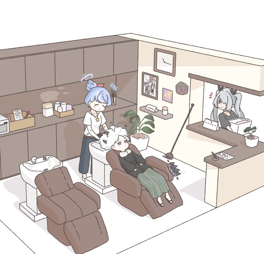 3girls ^_^ ako_(blue_archive) alternate_costume blue_archive bubble chinatsu_(blue_archive) clock closed_eyes demon_horns enobun3gyo halo halo_removed highres hina_(blue_archive) horns indoors iori_(blue_archive) leaning_back multiple_girls photo_(object) picture_frame sitting wall_clock washing_another washing_hair