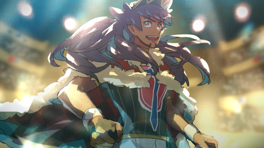 1boy :d baseball_cap blurry blurry_background cape champion_uniform commentary_request dark-skinned_male dark_skin dynamax_band facial_hair floating_hair from_below fur-trimmed_cape fur_trim gloves hat leon_(pokemon) light long_hair male_focus nintendo open_mouth pokemon pokemon_swsh purple_hair red_cape shirt short_sleeves shorts single_glove smile solo stadium suruga_dbh teeth white_shorts yellow_eyes