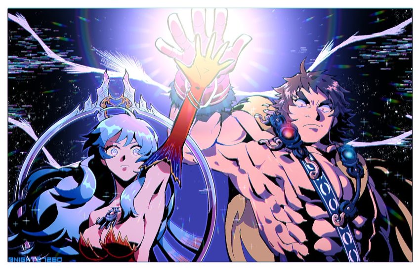 1boy 1girl abs arms_up artemis_(fate) artemis_(third_ascension)_(fate) bara bare_pectorals bare_shoulders blue_eyes breasts brown_hair dress fate/grand_order fate_(series) gloves glowing glowing_eyes gradient_hair jewelry large_breasts large_pectorals long_hair long_sleeves looking_at_viewer manly moon multicolored_hair muscular night27260 open_clothes orion_(bear)_(fate) pectorals sparkle super_orion_(fate) thick_eyebrows topless_male upper_body white_hair