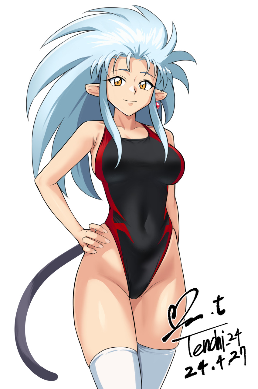 1girl big_hair black_one-piece_swimsuit blue_hair breasts competition_swimsuit covered_navel dated groin highleg highleg_one-piece_swimsuit highres large_breasts long_hair looking_at_viewer one-piece_swimsuit ryouko_(tenchi_muyou!) signature simple_background solo spiked_hair swimsuit tail tenchi_muyou! thighhighs twitter_username two-tone_swimsuit white_background white_thighhighs yellow_eyes yoo_tenchi