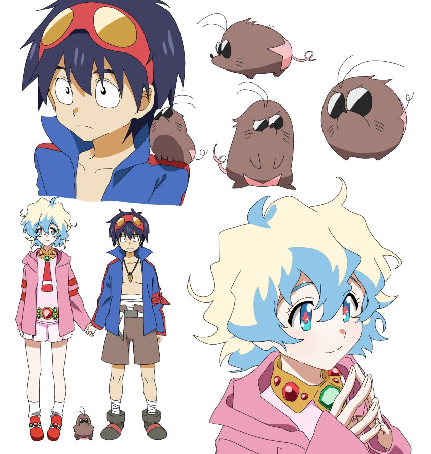 +_+ 1boy 1girl black_eyes black_hair blonde_hair blue_eyes blue_jacket boota_(ttgl) brown_shorts closed_mouth dress goggles goggles_on_head grey_footwear hair_between_eyes highres holding_hands jacket multicolored_hair multiple_views nia_teppelin noko_robunbun pink_dress pink_jacket pink_skirt red_footwear short_hair shorts simon_(ttgl) skirt smile steepled_fingers symbol-shaped_pupils tengen_toppa_gurren_lagann two-tone_hair white_background