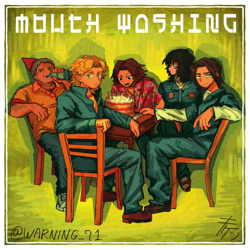 1girl 4boys :d anya_(mouthwashing) birthday_cake black_eyes black_hair blonde_hair blue_eyes blue_jumpsuit border brown_hair cake chair closed_mouth curly_(mouthwashing) curly_(pre-crash)_(mouthwashing) curtained_hair daisuke_(mouthwashing) drinking facial_hair floral_print food hat highres jimmy_(mouthwashing) jumpsuit layered_sleeves long_sleeves looking_at_viewer medium_hair mouthwash mouthwashing multiple_boys open_mouth parted_bangs party_hat pink_shirt popped_collar shirt short_hair short_over_long_sleeves short_sleeves sitting smile solid_state_survivor suuno_kamibukuro swansea_(mouthwashing) twitter_username white_border yellow_magic_orchestra yellow_shirt