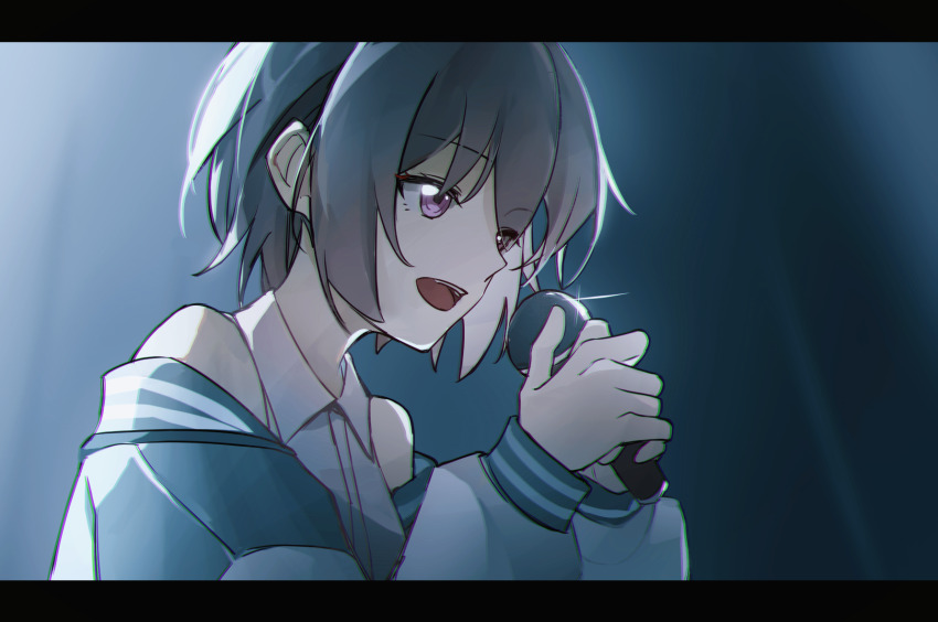 1girl bang_dream! bang_dream!_it&#039;s_mygo!!!!! bare_shoulders blue_jacket chinese_commentary chromatic_aberration collared_shirt colored_inner_hair commentary_request eyes_visible_through_hair glint grey_background grey_hair hair_over_one_eye highres holding holding_microphone jacket jacket_partially_removed letterboxed long_sleeves microphone monnku multicolored_hair open_clothes open_jacket open_mouth purple_eyes shirt short_hair sidelighting sleeveless sleeveless_shirt solo takamatsu_tomori teeth two-tone_hair upper_body upper_teeth_only white_hair white_shirt white_sleeves