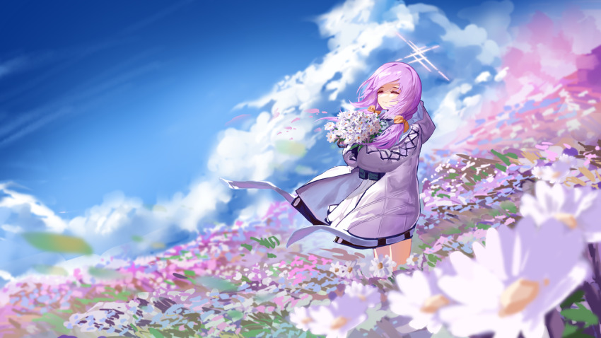 1girl aircctzillie atsuko_(blue_archive) blue_archive bouquet closed_eyes closed_mouth cloud cloudy_sky cross-laced_clothes daisy_(flower) field flower flower_field halo holding holding_bouquet hood hood_down jacket light_smile medium_hair plant purple_hair purple_halo sky smile solo standing white_flower white_jacket wide_shot
