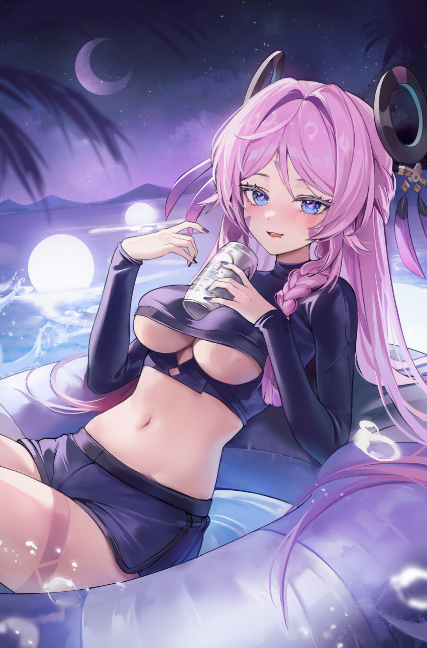 1girl absurdres afloat alternate_costume blue_eyes blue_shorts breasts can citlali_(genshin_impact) crescent_moon crop_top drink_can genshin_impact hair_ornament highres large_breasts long_hair moon navel night night_sky parted_lips pink_hair purple_innertube short_shorts shorts sky solo stomach thighs underboob water zije