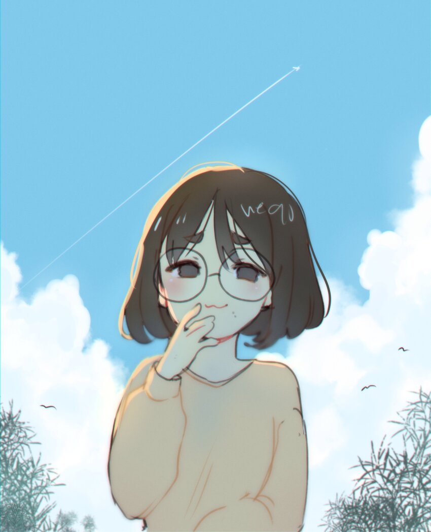 1girl :3 absurdres aircraft airplane artist_self-insert blue_sky brown_eyes brown_hair cloud commentary commentary_request creator_(neneneqo) glasses highres jet medium_hair mole mole_under_mouth neqo_(neneneqo) original round_eyewear simple_bird sky solo sweater symbol-only_commentary underwear upper_body yellow_sweater