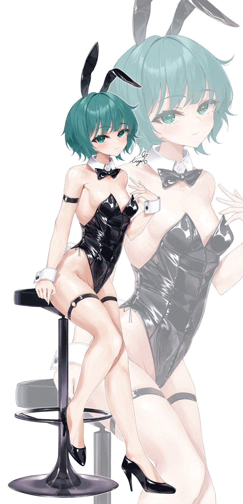 1girl absurdres animal_ear_hairband animal_ears armband bare_legs black_armband black_bow black_bowtie black_leotard black_shoes bow bowtie breasts detached_collar fake_animal_ears full_body green_eyes green_hair hairband high_heels highres leotard looking_at_viewer nagatsuyu original playboy_bunny rabbit_ears rabbit_tail shoes short_hair side-tie_leotard small_breasts solo stool strapless strapless_leotard tail thigh_strap white_background wrist_cuffs zoom_layer