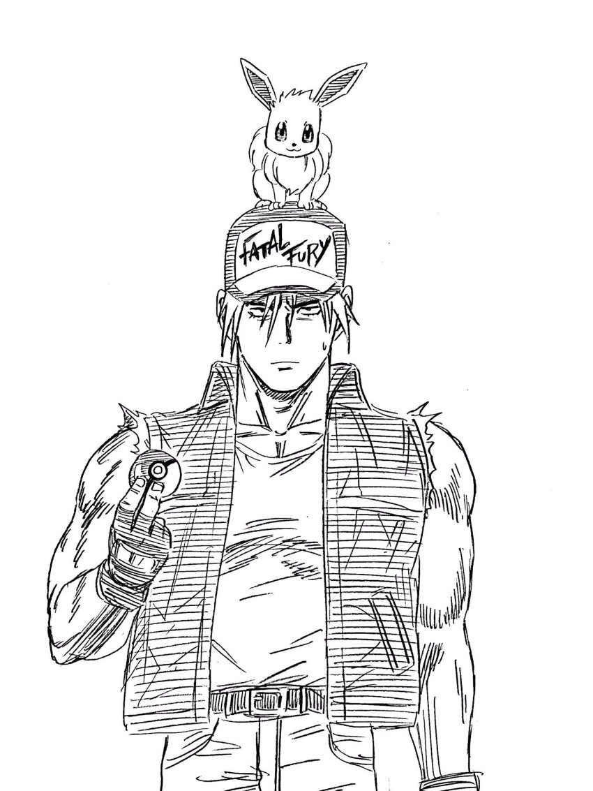 1boy baseball_cap eevee fatal_fury fingerless_gloves frown gen_1_pokemon gloves greyscale hat highres jacket lee_(dragon_garou) long_hair looking_at_viewer male_focus monochrome muscular nintendo on_head poke_ball poke_ball_(basic) pokemon pokemon_(creature) pokemon_on_head ponytail super_smash_bros. terry_bogard the_king_of_fighters white_background