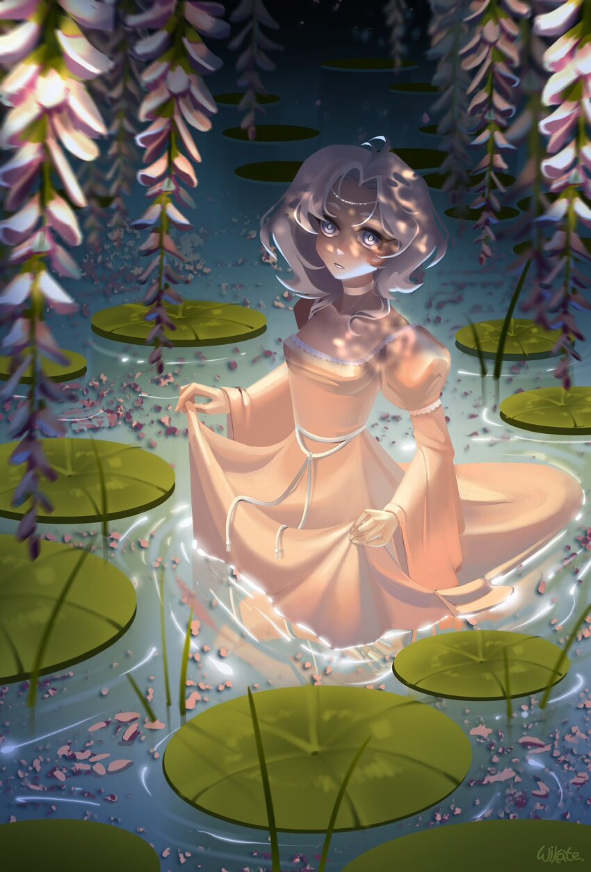 1girl blue_eyes bright_pupils choker circlet commentary commentary_request dark dress english_commentary expressionless flower full_body grey_hair highres juliet_sleeves light_particles lily_pad long_dress long_sleeves looking_ahead medium_hair night original outdoors parted_lips petals pink_choker pink_dress pink_flower puffy_sleeves ribbon skirt_hold sleeve_garter solo square_neckline wading waist_ribbon wavy_hair white_garter white_pupils white_ribbon wide_sleeves wikate wisteria