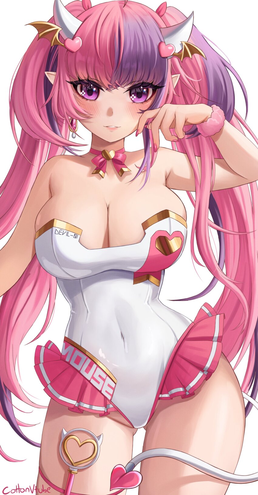 1girl absurdres artist_name blush breasts cleavage covered_navel demon_tail hair_ornament head_wings heart heart_hair_ornament highres horns ironmouse leotard long_hair neck_ribbon parted_lips pink_hair pink_nails pink_ribbon pointy_ears purple_eyes purple_hair ribbon solo strapless strapless_leotard symbol_in_eye tail velvet_noir virtual_youtuber vshojo white_background white_horns white_leotard wings