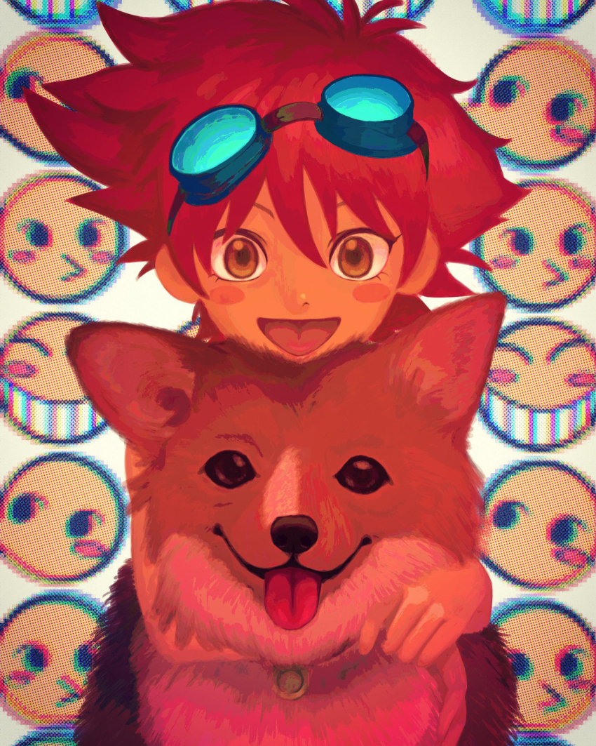 1girl :d androgynous animal animal_collar animal_hug blush_stickers brown_dog brown_eyes collar commentary cowboy_bebop dark-skinned_female dark_skin dog edward_wong_hau_pepelu_tivrusky_iv ein_(cowboy_bebop) emoticon goggles goggles_on_head hair_between_eyes highres izuru_0123 open_mouth red_hair short_hair smile smiley_face solo tomboy tongue tongue_out welsh_corgi white_background