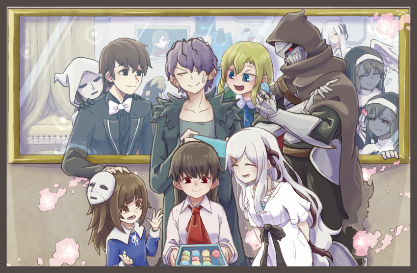 3boys 6+girls alice_(deemo) armor blue_eyes closed_eyes collarbone commentary_request crossed_arms deemo deemo_(character) ender_lilies_quietus_of_the_knights from_behind garry_(ib) glowing glowing_eye grey_hair headpat highres hood hooded_jacket ib_(ib) ib_(kouri) jacket lily_(ender_lilies) mary_(ib) multiple_boys multiple_girls red_eyes riva_(wolfox610riva) scroll smile umbral_knight_(ender_lilies)