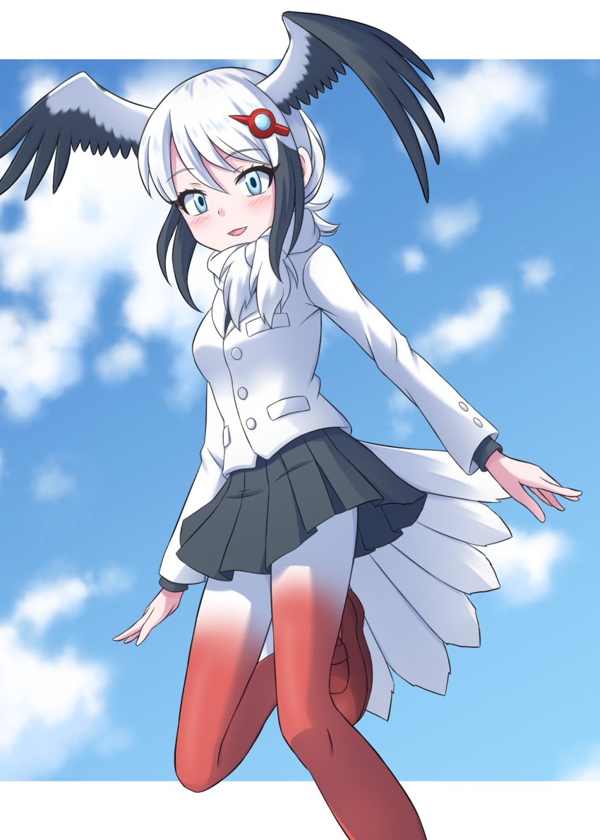 1girl bird_girl bird_tail bird_wings black_hair black_skirt blue_eyes blue_sky blush bow bowtie cloud gradient_pantyhose hair_ornament hairclip head_wings highres jacket kemono_friends long_sleeves looking_at_viewer multicolored_hair oriental_stork_(kemono_friends) pantyhose pleated_skirt red_pantyhose red_shoes shoes short_hair sidelocks skirt sky smile solo tail touki_ag two-tone_hair white_bow white_bowtie white_hair white_jacket white_pantyhose wings