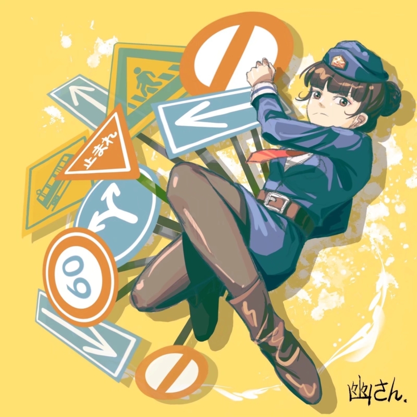 1girl blue_suit boots brown_hair formal_clothes hair_bun highres kamen_rider kamen_rider_drive_(series) necktie pantyhose pedestrians_only_sign red_necktie shijima_kiriko signpost solo suit ulingdeu yellow_background
