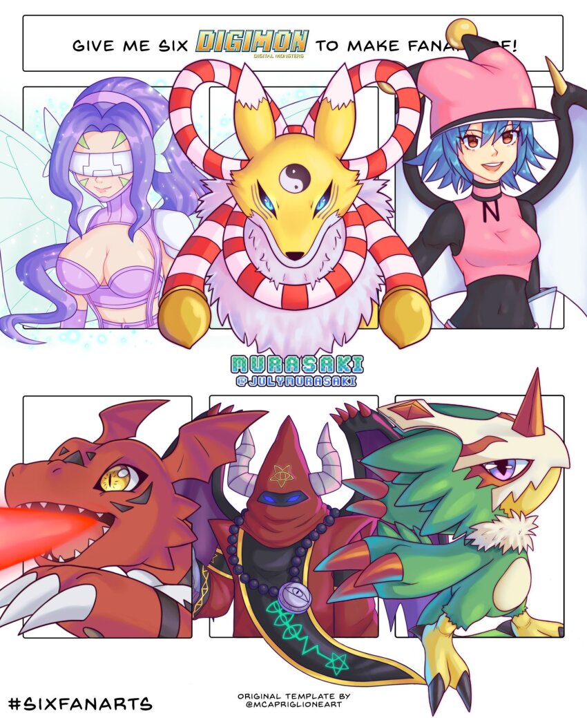 claws demon_(digimon) digimon digimon_(creature) fairimon gloves guilmon hat head_wings highres horns kyubimon long_hair looking_at_viewer mask murasaki_(julymurasaki) navimon_(digimon) pteromon purple_hair smile triangle wings yin_yang