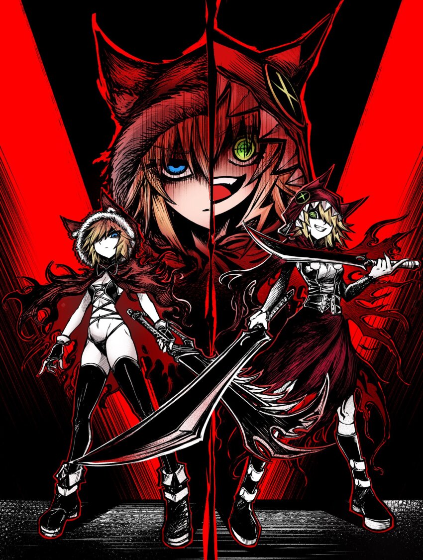 animal_hood black_souls black_souls_2 blonde_hair blue_eyes breasts cape character_request chengzilong8 cleavage dual_wielding fur-trimmed_hood fur_trim green_eyes highres holding holding_sword holding_weapon hood hood_up hooded_cape looking_at_viewer red_cape red_hood_(black_souls) reticle revealing_clothes sword symbol-shaped_pupils thighhighs weapon