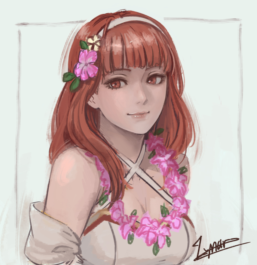 1girl alternate_costume bare_shoulders blunt_bangs breasts celica_(fire_emblem) cleavage commentary detached_collar dress earrings fire_emblem fire_emblem_echoes:_shadows_of_valentia flower flower_necklace grey_background hair_flower hair_ornament hairband highres jewelry large_breasts looking_at_viewer lynarc medium_hair necklace nintendo off-shoulder_dress off_shoulder orange_eyes orange_hair red_eyes red_hair smile solo upper_body white_dress