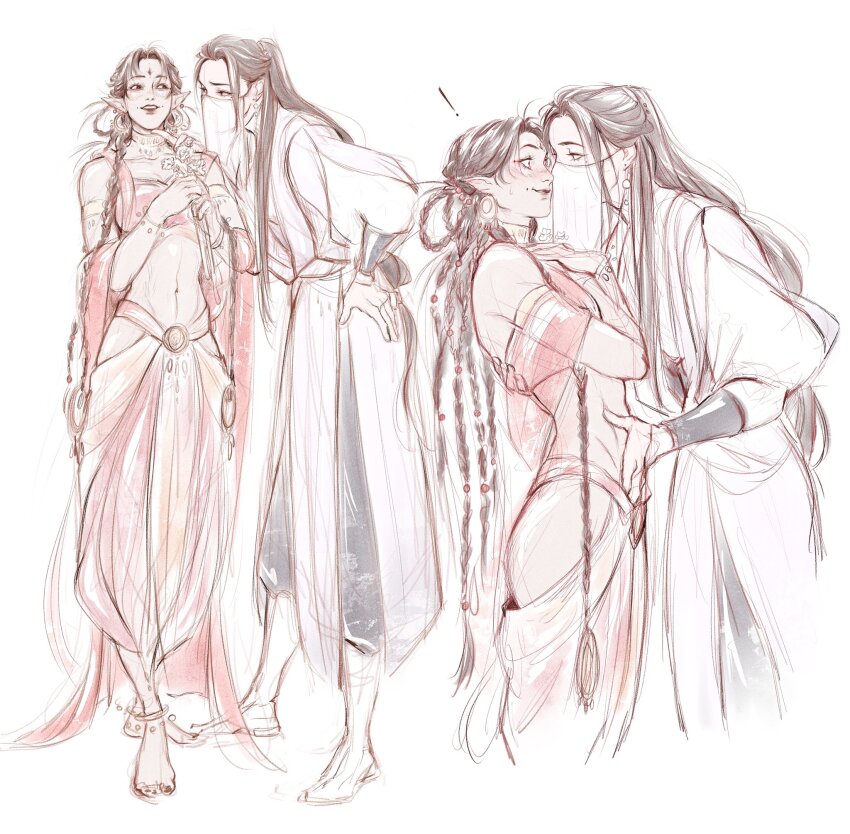 ! 2girls anklet barefoot beads black_hair blush bracelet braid chinese_clothes dorothy_wei earrings eye_contact flower full_body half_updo hand_on_another&#039;s_back hand_on_another&#039;s_chin hand_on_another&#039;s_stomach hand_on_own_hip hanfu high_ponytail highres holding holding_flower hoop_earrings jewelry liu_mingyan long_hair long_sleeves looking_at_another mouth_veil multiple_braids multiple_girls multiple_views pointy_ears ponytail red_ribbon red_shawl renzha_fanpai_zijiu_xitong ribbon sha_hualing shawl smile standing sweatdrop veil white_hanfu yuri zuiyin