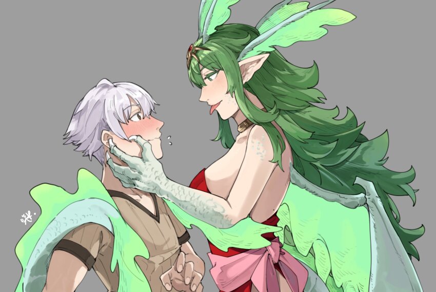 1boy 1girl bare_shoulders blush breasts brown_eyes brown_shirt claws closed_mouth commentary dragon_girl dragon_horns dragon_tail dragon_wings dress english_commentary eye_contact fingernails fire_emblem fire_emblem_awakening flying_sweatdrops green_eyes grey_background grey_hair hand_on_another&#039;s_face height_difference highres horns long_hair looking_at_another male_robin_(fire_emblem) medium_breasts monster_girl nintendo pointy_ears profile red_dress sakuremi scales shirt short_hair short_sleeves simple_background strapless strapless_dress tail tiki_(adult)_(fire_emblem) tiki_(fire_emblem) tongue tongue_out white_hair wings